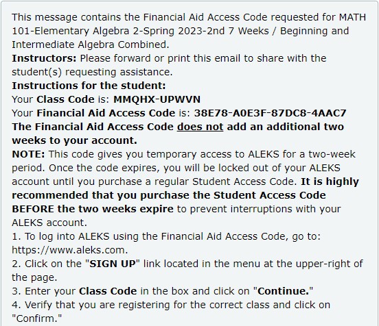 ALEKS - Financial Aid Access Code 1